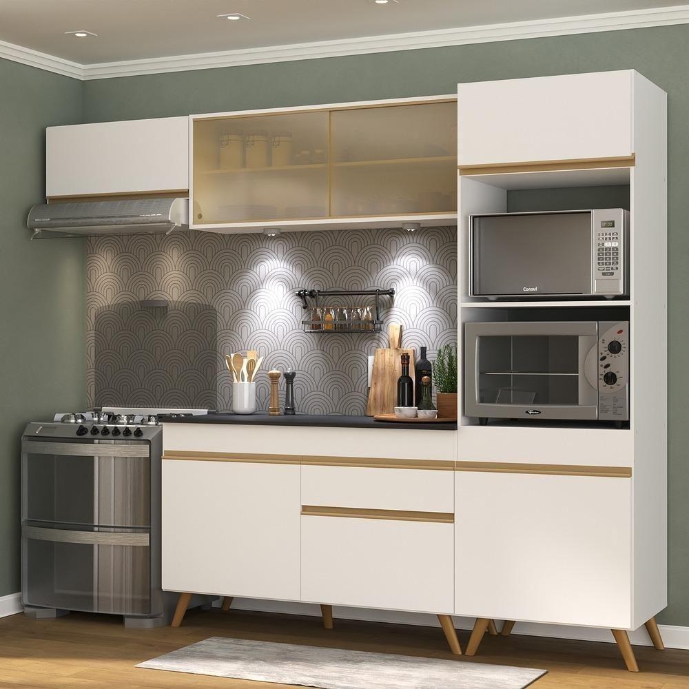 Armário De Cozinha Compacta 252cm Com Leds Veneza Up Multimóveis V2016 Branco/dourado Branco/dourado - 6