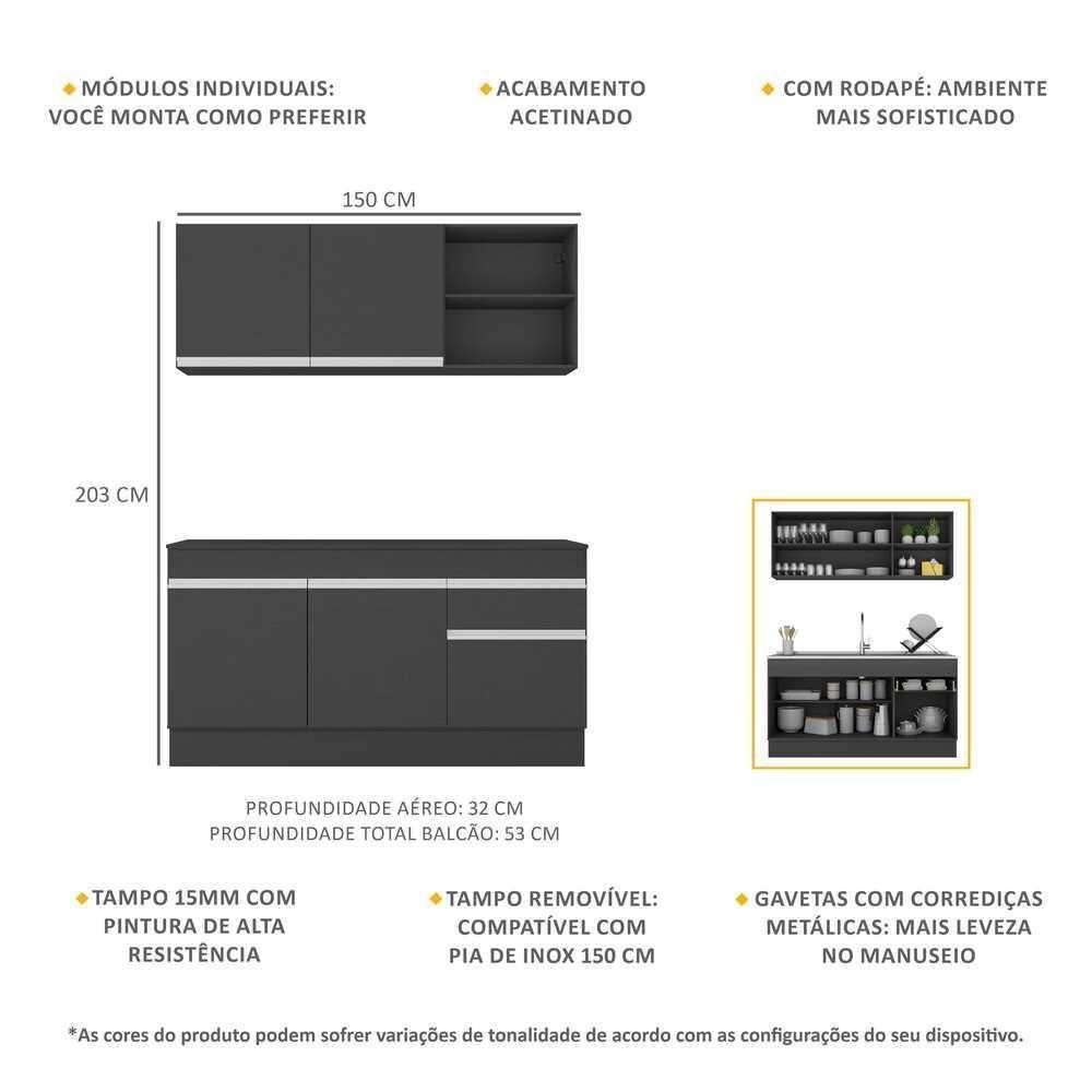 Armário De Cozinha Compacta 150cm Com Rodapé Veneza Multimóveis V2114 Preto/branco Preto/branco - 5