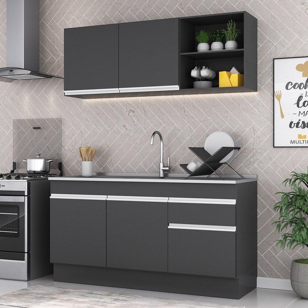 Armário De Cozinha Compacta 150cm Com Rodapé Veneza Multimóveis V2114 Preto/branco Preto/branco - 6