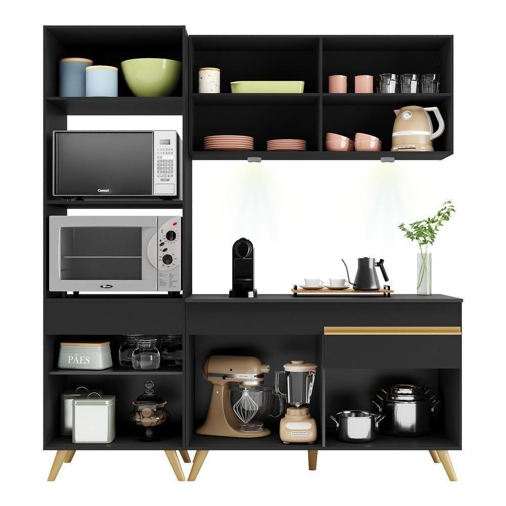 Armário De Cozinha Compacta 182cm Com Leds Veneza Up Multimóveis V2019 Preto/dourado Preto/dourado - 3