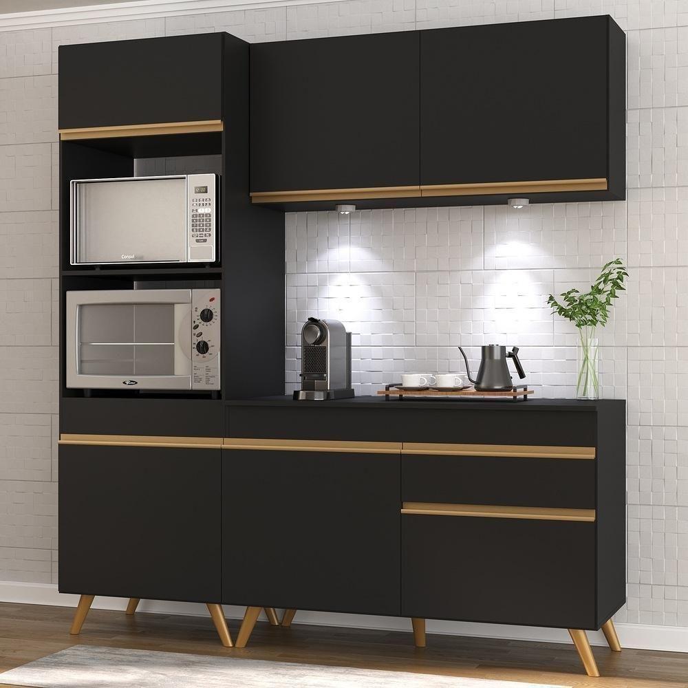 Armário De Cozinha Compacta 182cm Com Leds Veneza Up Multimóveis V2019 Preto/dourado Preto/dourado - 6