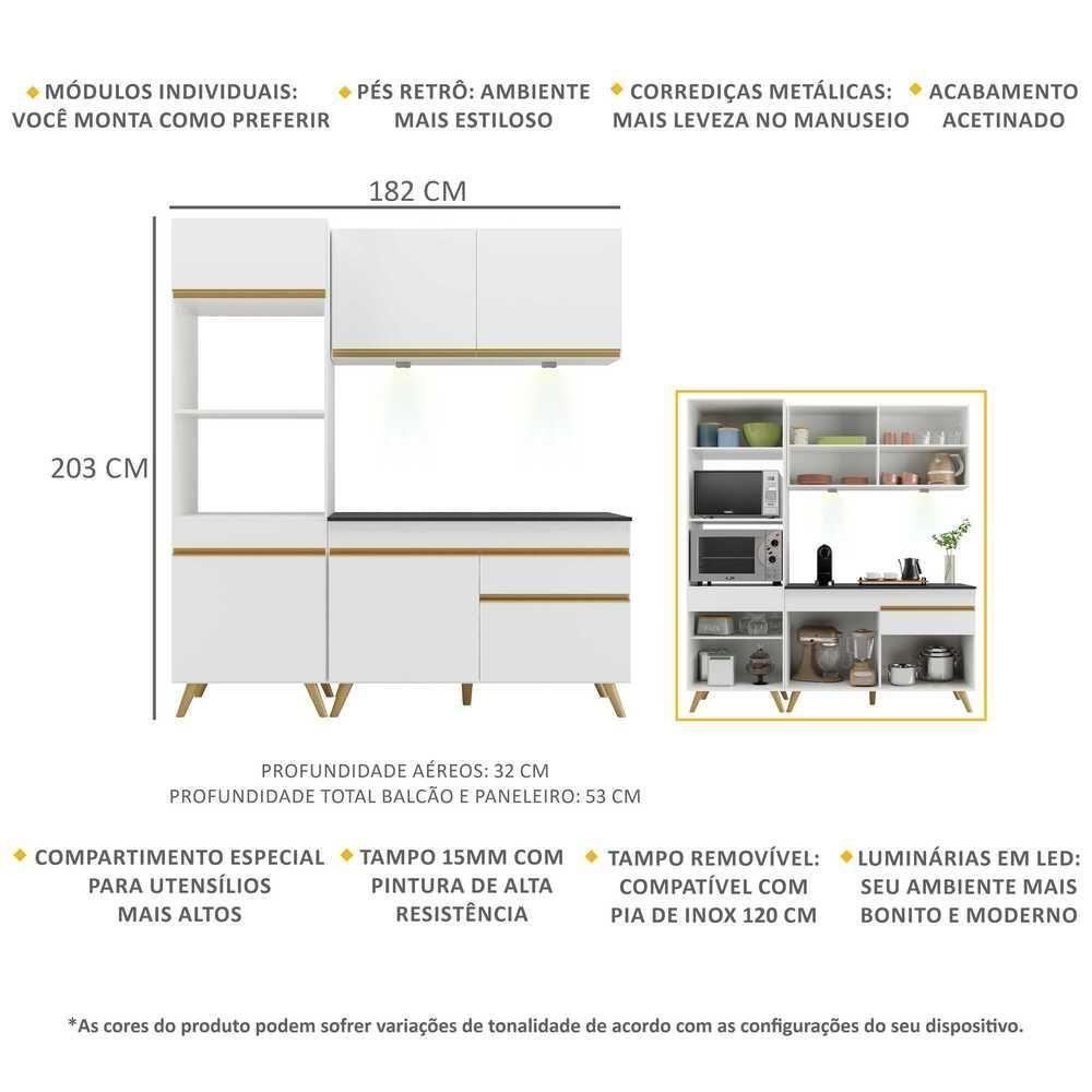 Armário De Cozinha Compacta 182cm Com Leds Veneza Up Multimóveis V2019 Branco/dourado Branco/dourado - 5