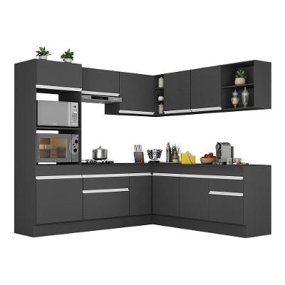 Armário de Cozinha Completa de Canto Veneza V2080 11 Portas 2 Gavetas MDF Preto Branco