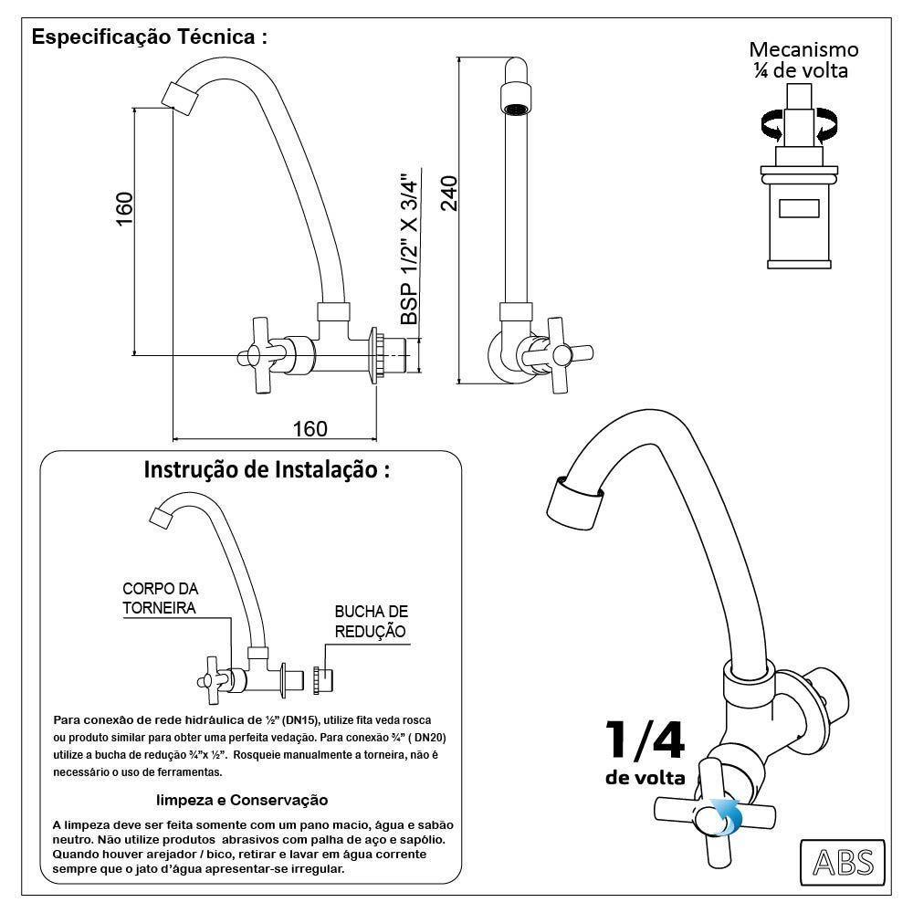 Torneira Pia Cozinha Parede Bica Móvel Cromado Abs 1/4 De Volta - 6
