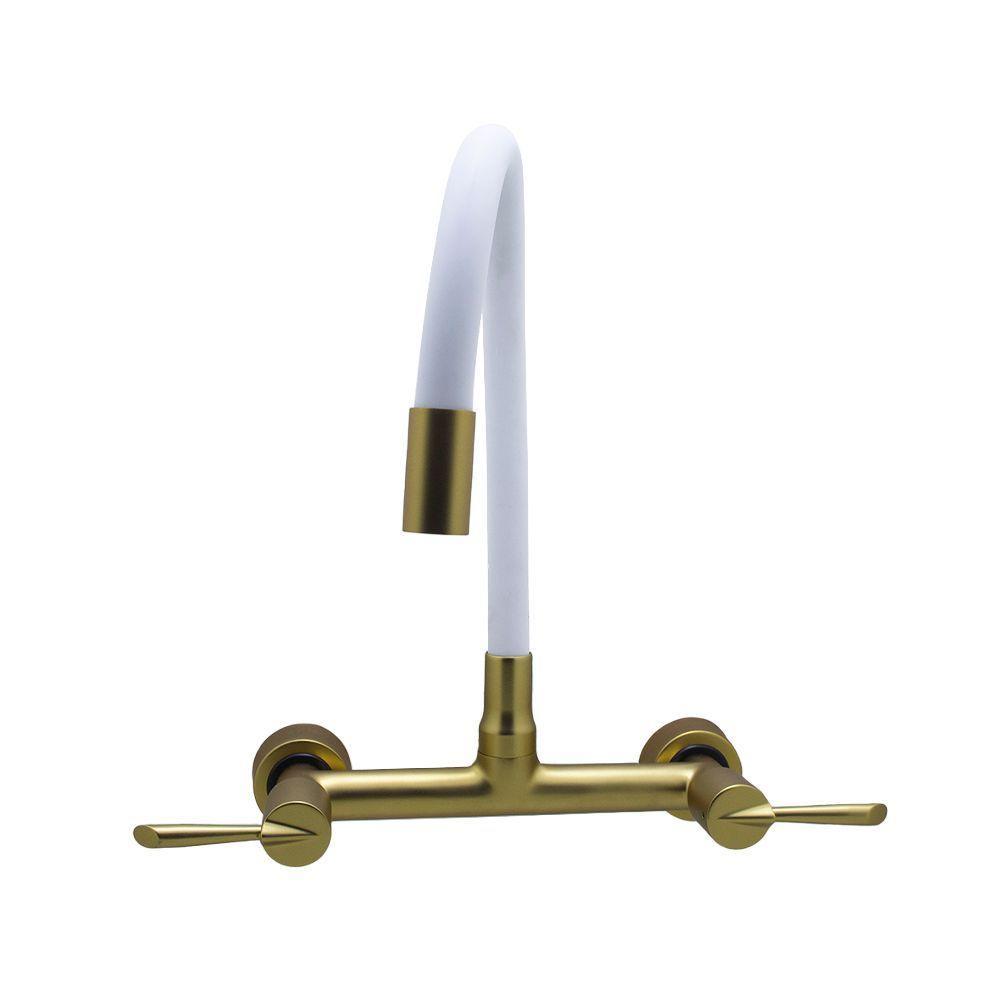 Torneira Cozinha Misturador Tubo Flexível Parede Branco Com Dourado 1/4 Volta Metal Luxo - 1