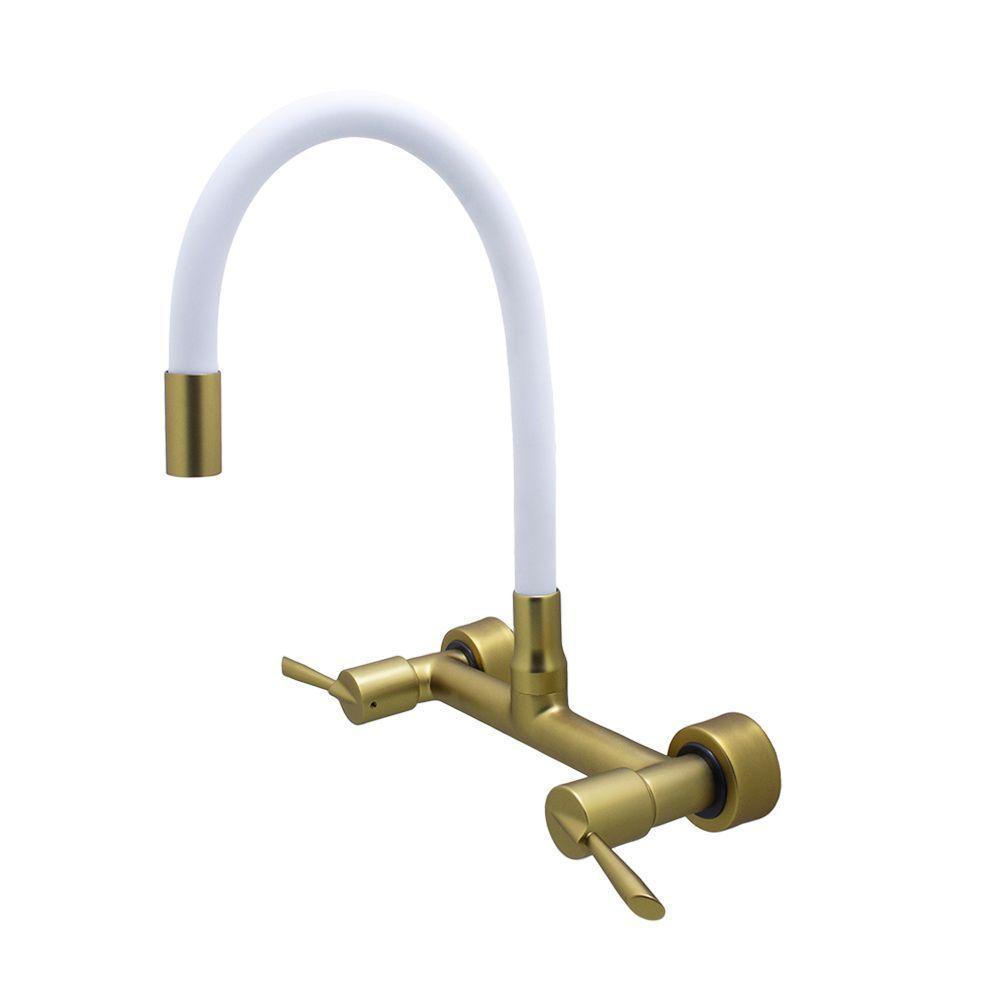 Torneira Cozinha Misturador Tubo Flexível Parede Branco Com Dourado 1/4 Volta Metal Luxo - 3