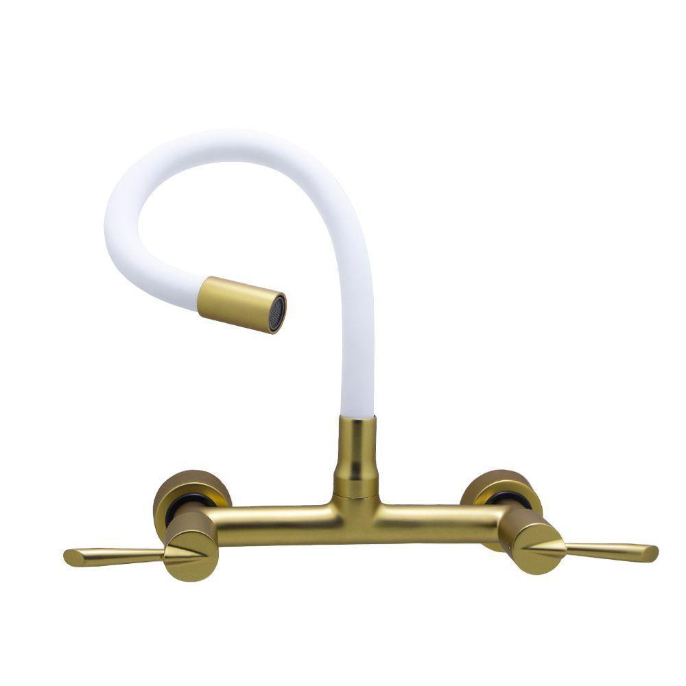 Torneira Cozinha Misturador Tubo Flexível Parede Branco Com Dourado 1/4 Volta Metal Luxo - 5