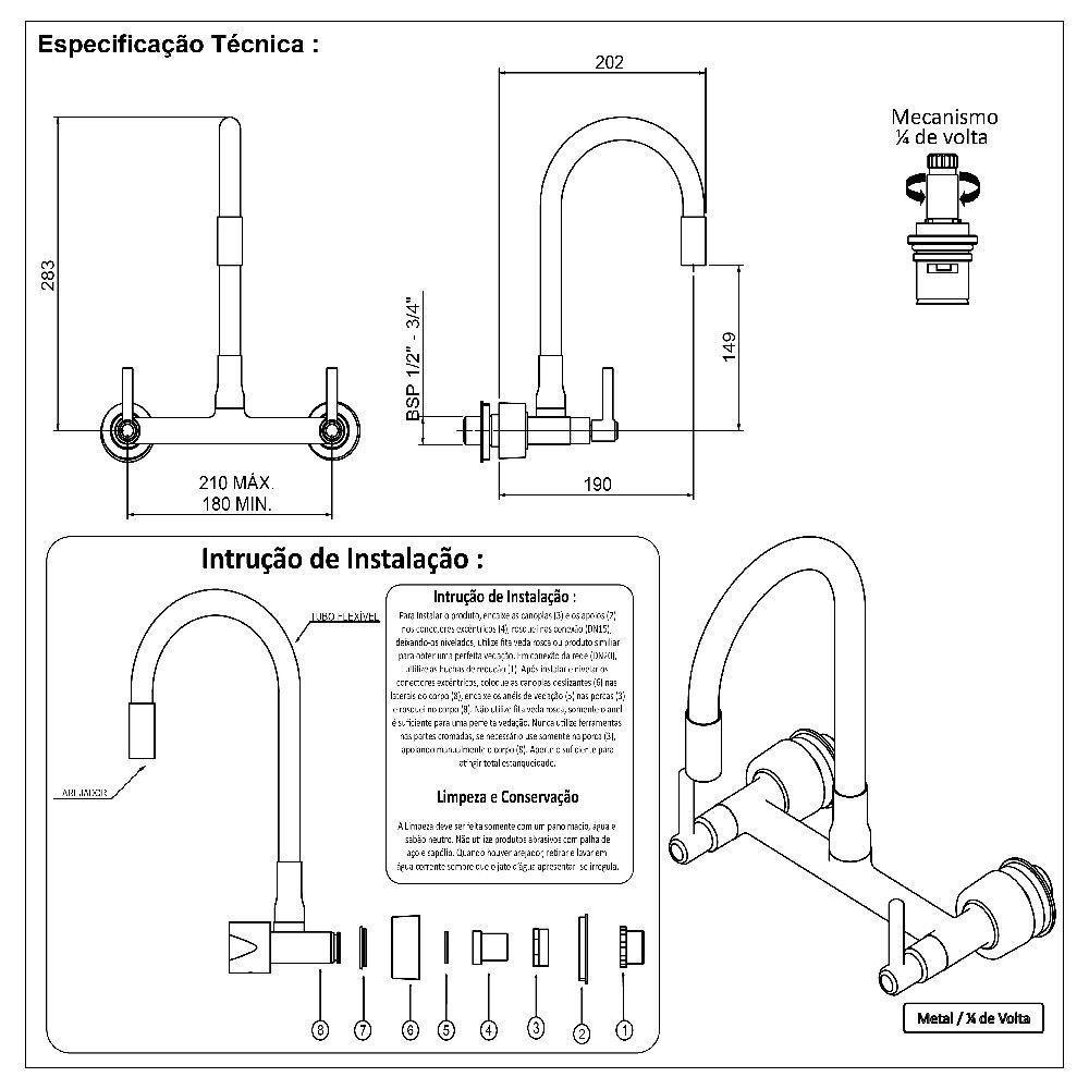 Torneira Cozinha Misturador Tubo Flexível Parede Branco Com Dourado 1/4 Volta Metal Luxo - 6