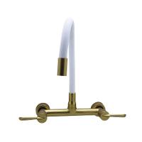 Torneira Cozinha Misturador Tubo Flexível Parede Branco Com Dourado 1/4 Volta Metal Luxo - 1