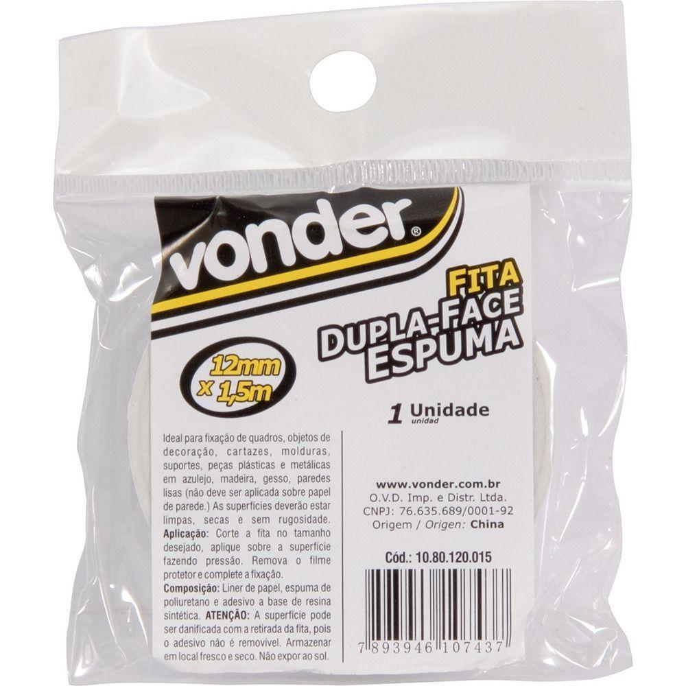 Fita Dupla Face Espuma 12mmx1,5m Branca - Vonder - 2
