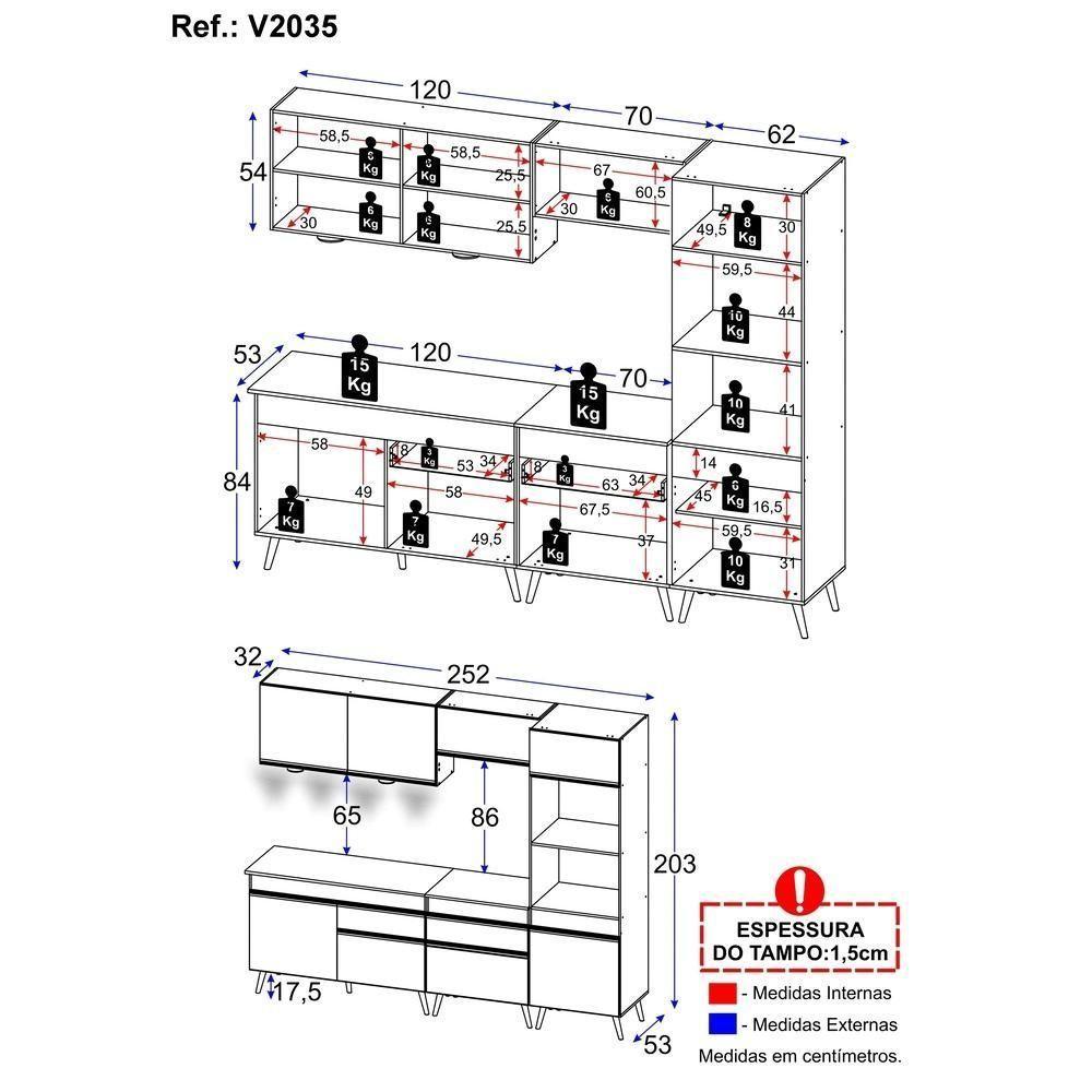 Armário De Cozinha Completa 252cm Com Leds Veneza Up Multimóveis V2035 Branco/dourado Branco/dourado - 4