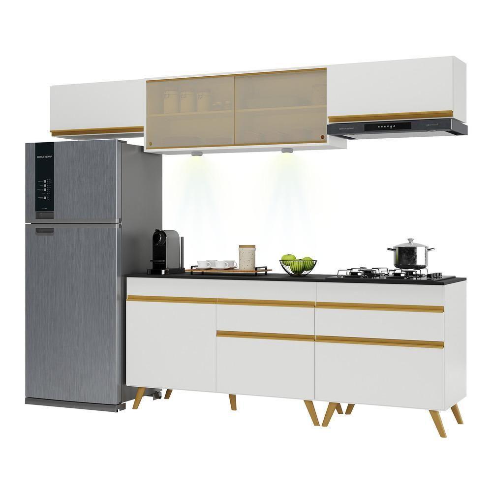 Armário De Cozinha Completa 260cm Com Leds Veneza Up Multimóveis V2033 Branco/dourado Branco/dourado - 1