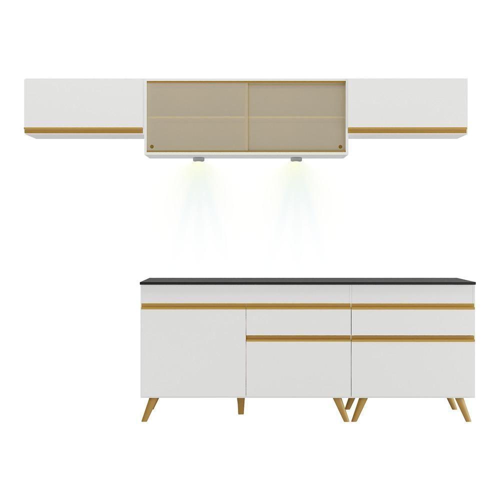 Armário De Cozinha Completa 260cm Com Leds Veneza Up Multimóveis V2033 Branco/dourado Branco/dourado - 2