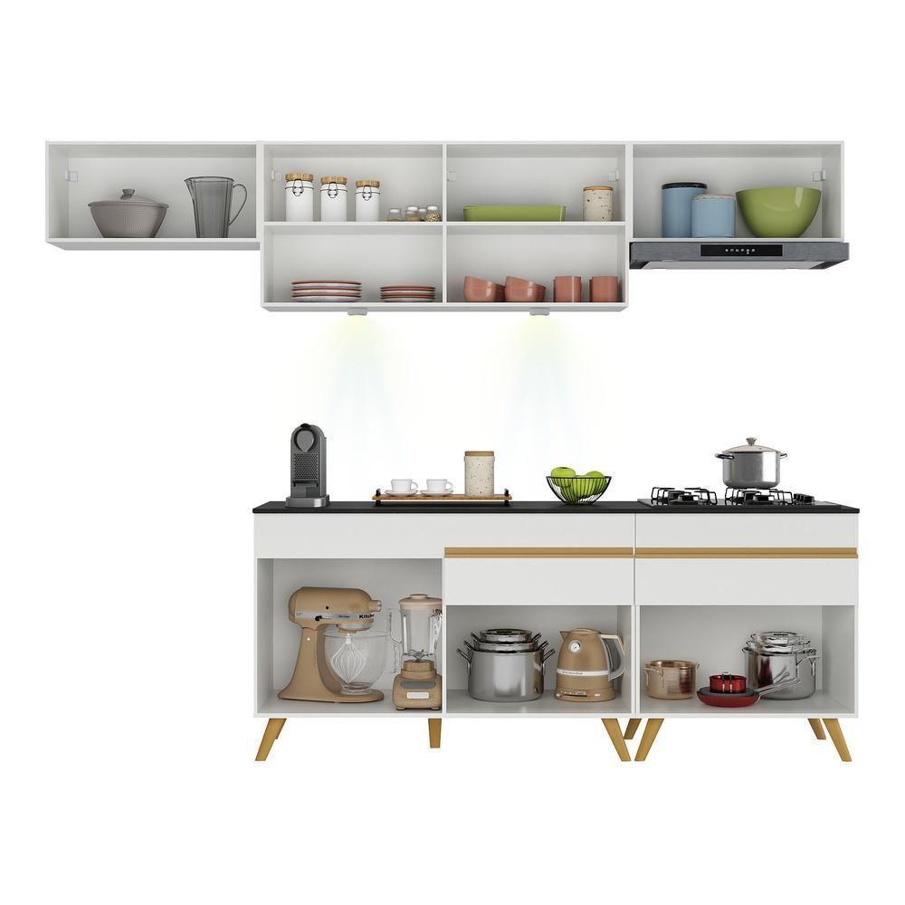 Armário De Cozinha Completa 260cm Com Leds Veneza Up Multimóveis V2032 Branco/dourado Branco/dourado - 3