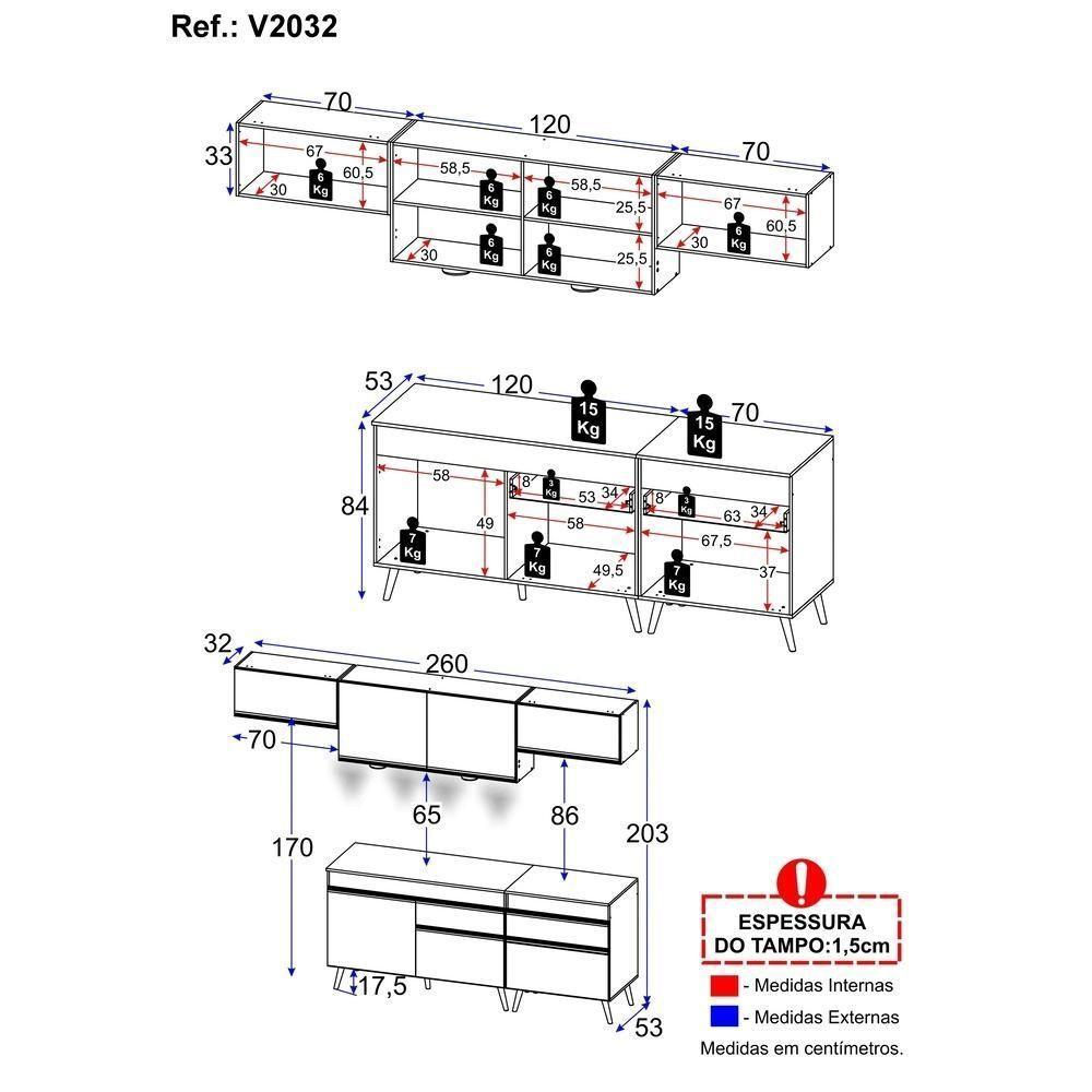 Armário De Cozinha Completa 260cm Com Leds Veneza Up Multimóveis V2032 Branco/dourado Branco/dourado - 4