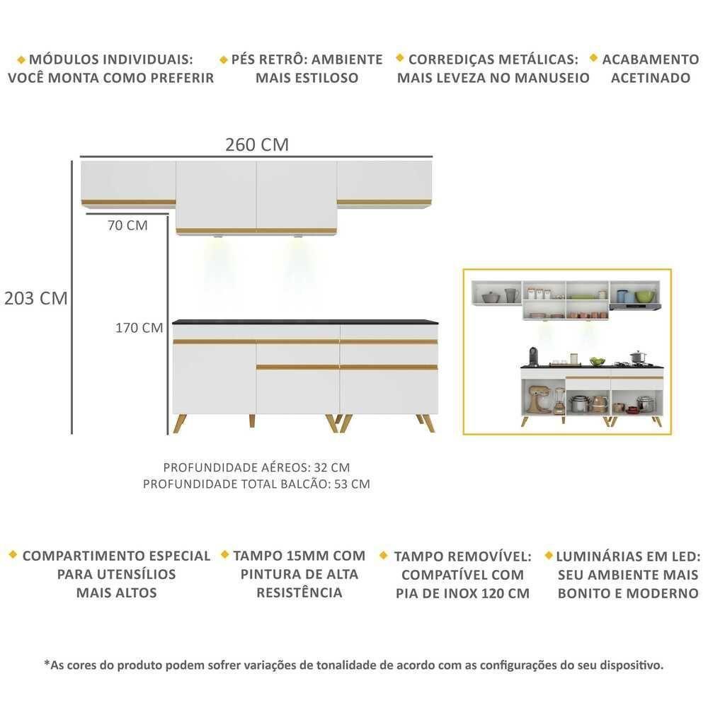 Armário De Cozinha Completa 260cm Com Leds Veneza Up Multimóveis V2032 Branco/dourado Branco/dourado - 5