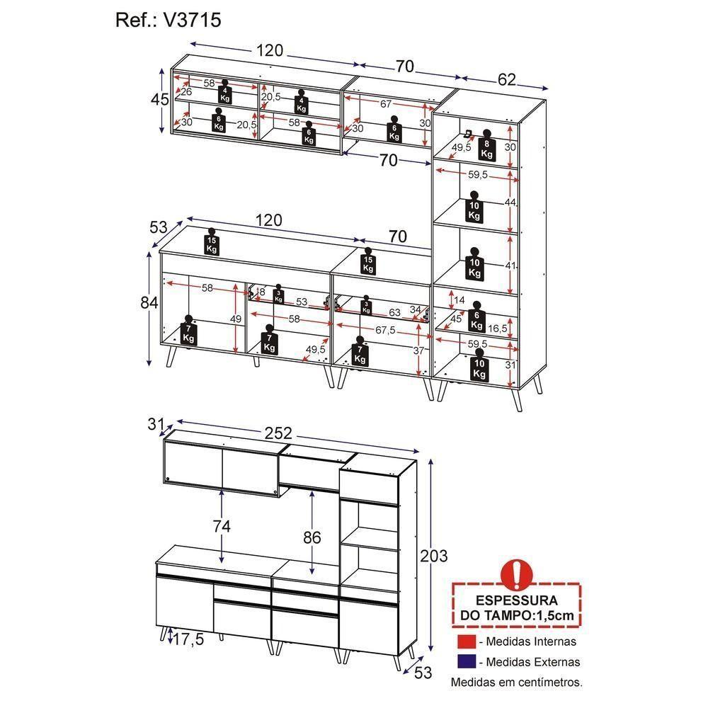 Armário De Cozinha Completa 252cm Veneza Multimóveis V3715 Branco/dourado Branco/dourado - 4