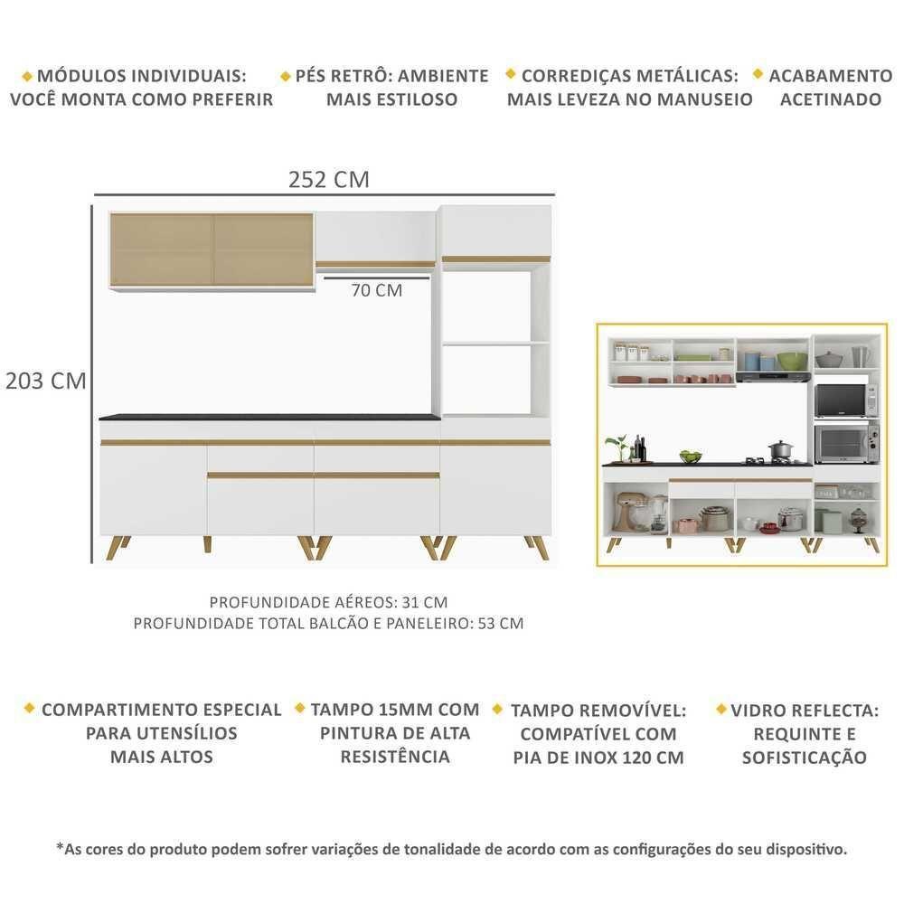 Armário De Cozinha Completa 252cm Veneza Multimóveis V3715 Branco/dourado Branco/dourado - 5