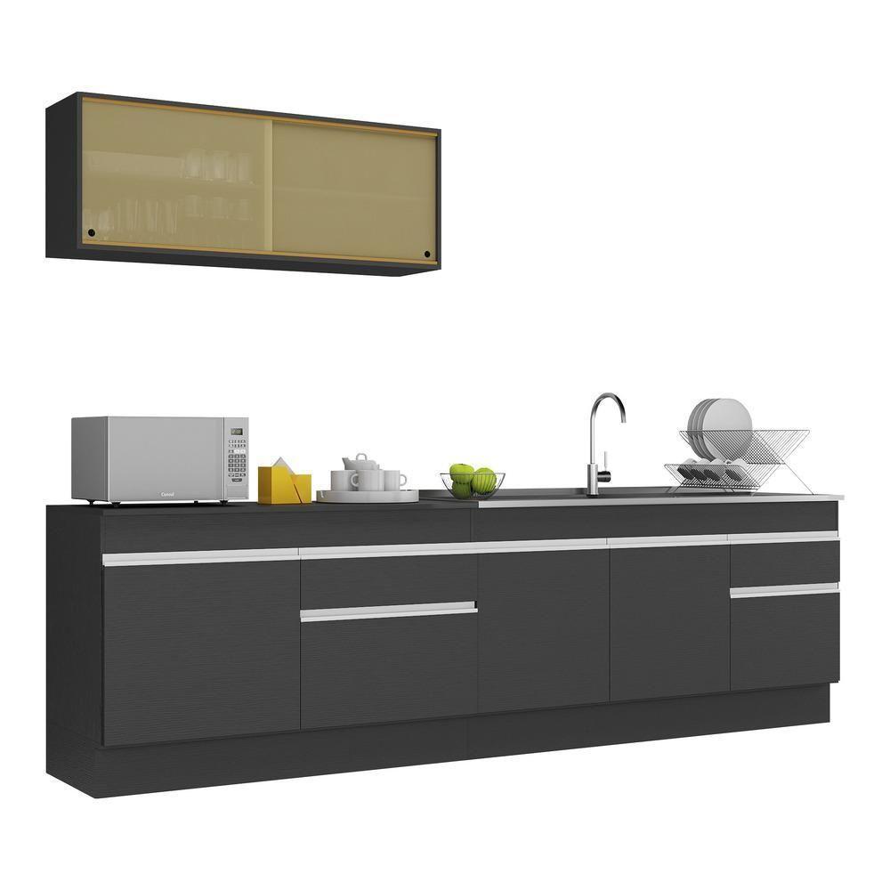 Armário De Cozinha Compacta 270cm Com Rodapé Veneza Multimóveis V2112 Preto/branco Preto/branco - 1