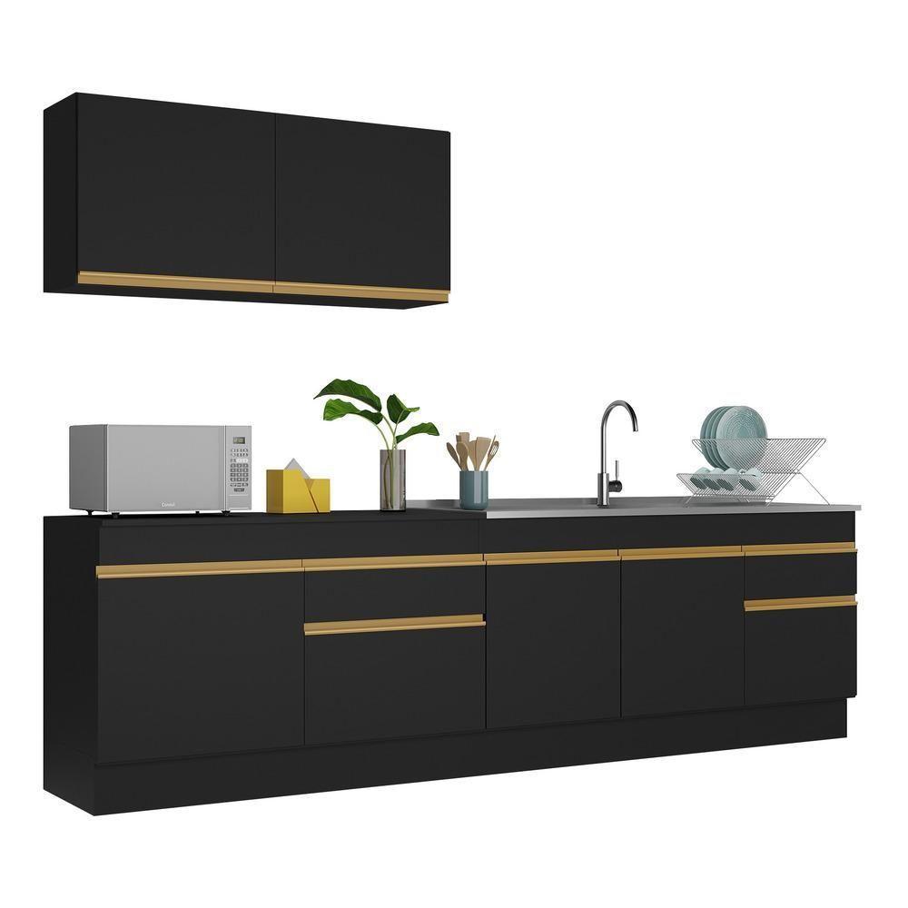 Armário De Cozinha Compacta 270cm Com Rodapé Veneza Multimóveis V2111 Preto/dourado Preto/dourado - 1