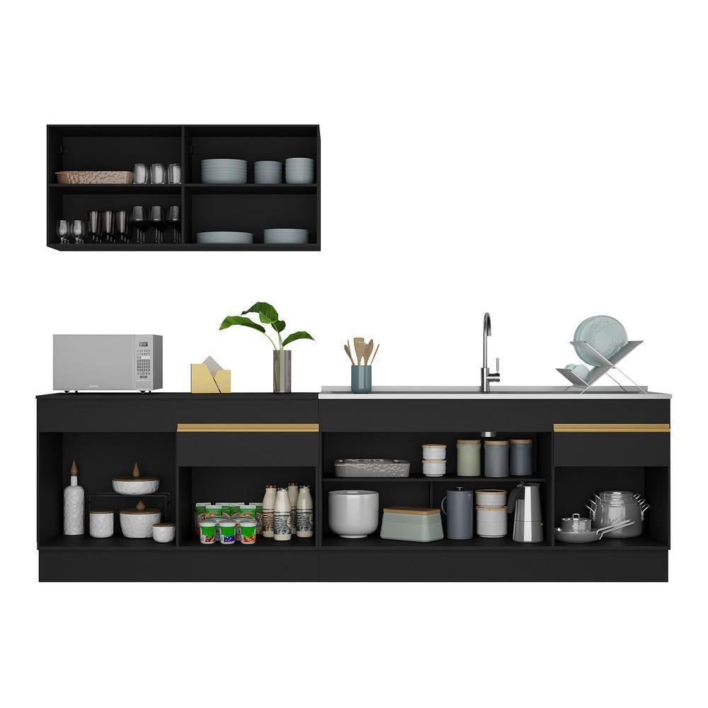 Armário De Cozinha Compacta 270cm Com Rodapé Veneza Multimóveis V2111 Preto/dourado Preto/dourado - 3