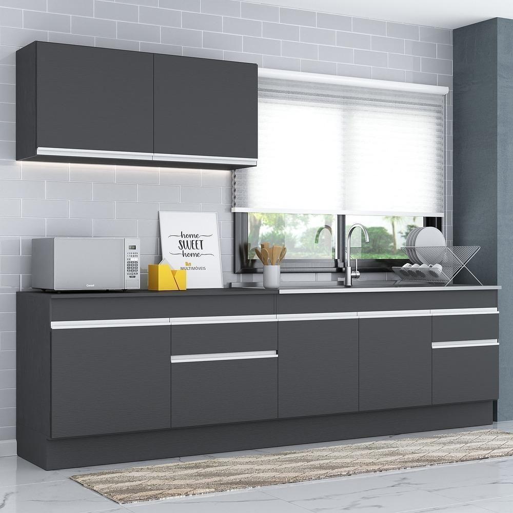 Armário De Cozinha Compacta 270cm Com Rodapé Veneza Multimóveis V2111 Preto/branco Preto/branco - 6