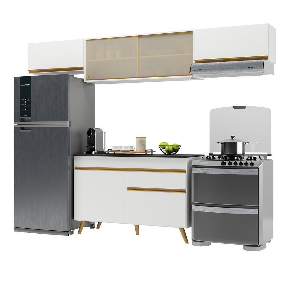 Armário De Cozinha Compacta 260cm Veneza Multimóveis V3698 Branco/dourado Branco/dourado - 1