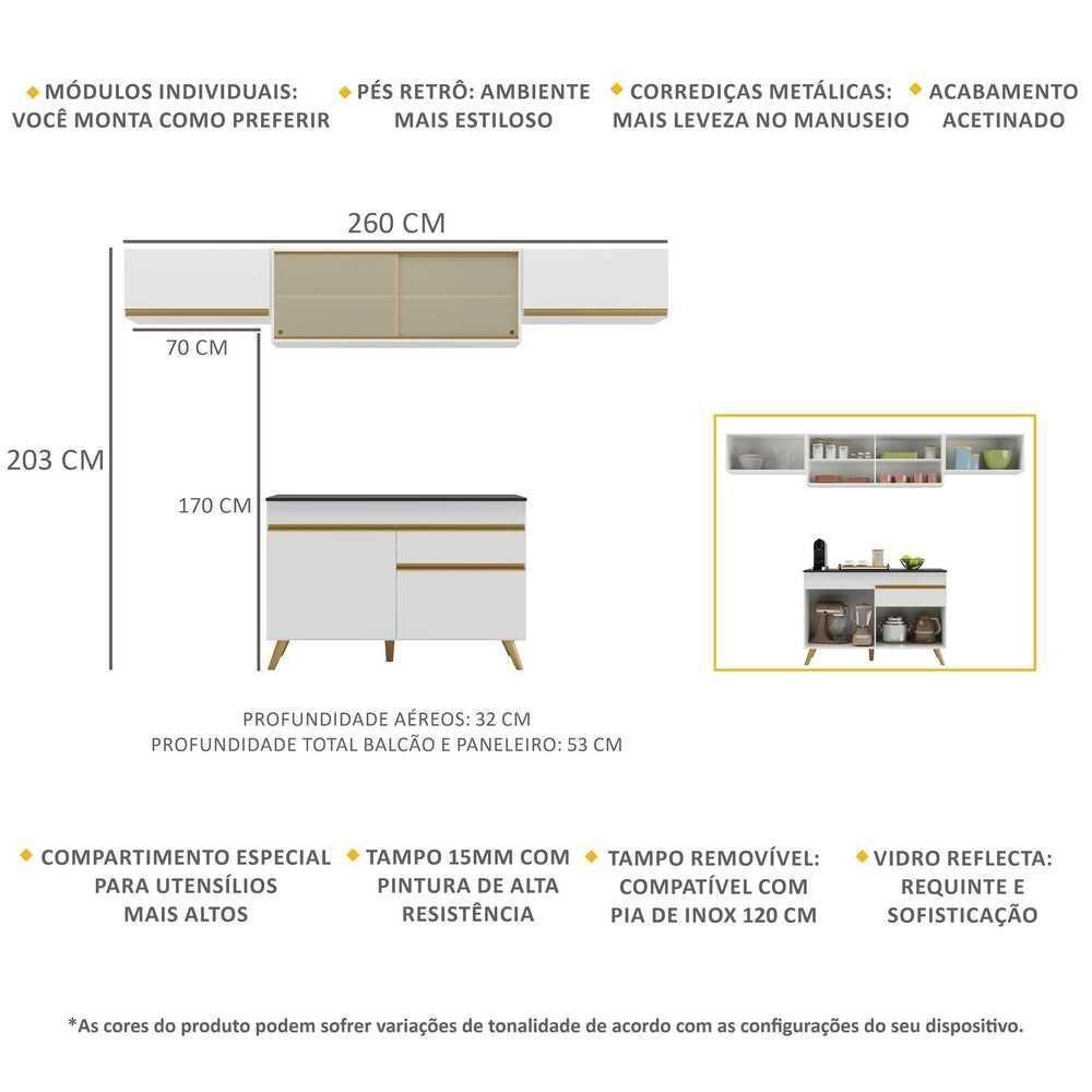 Armário De Cozinha Compacta 260cm Veneza Multimóveis V3698 Branco/dourado Branco/dourado - 5