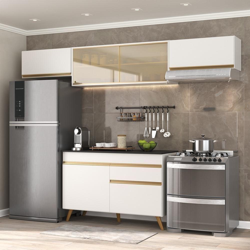 Armário De Cozinha Compacta 260cm Veneza Multimóveis V3698 Branco/dourado Branco/dourado - 6