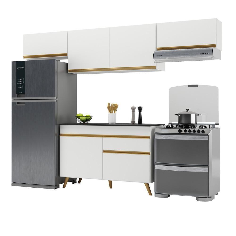 Armário De Cozinha Compacta 260cm Veneza Multimóveis V3697 Branco/dourado Branco/dourado - 1
