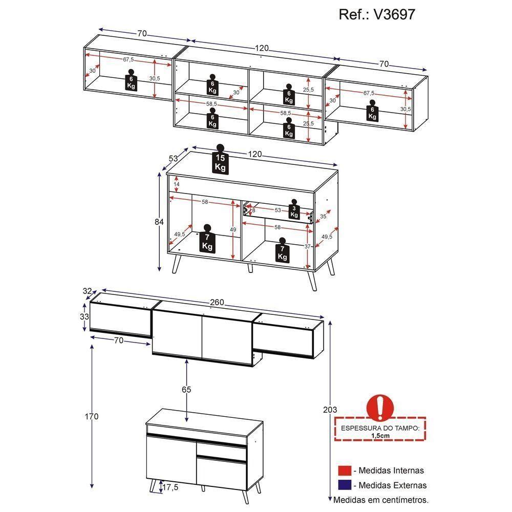 Armário De Cozinha Compacta 260cm Veneza Multimóveis V3697 Branco/dourado Branco/dourado - 4