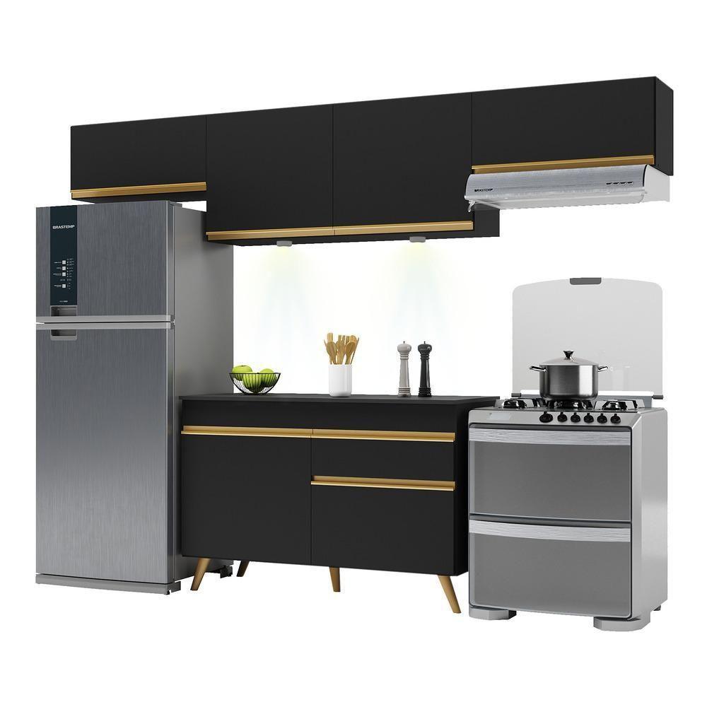 Armário De Cozinha Compacta 260cm Com Leds Veneza Up Multimóveis V2022 Preto/dourado Preto/dourado - 1