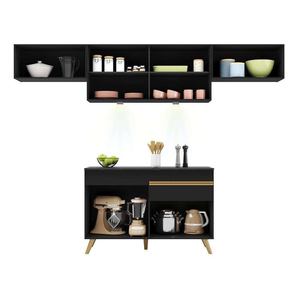 Armário De Cozinha Compacta 260cm Com Leds Veneza Up Multimóveis V2022 Preto/dourado Preto/dourado - 3