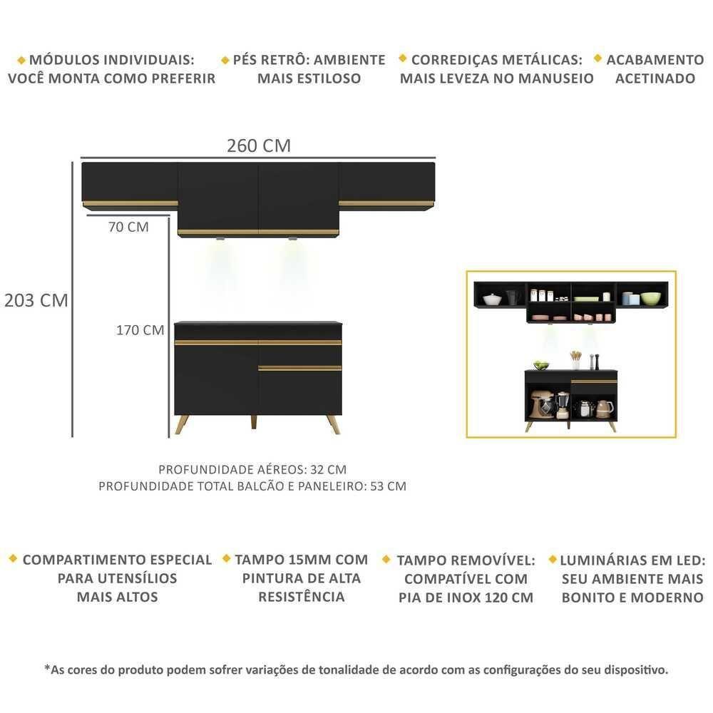 Armário De Cozinha Compacta 260cm Com Leds Veneza Up Multimóveis V2022 Preto/dourado Preto/dourado - 5