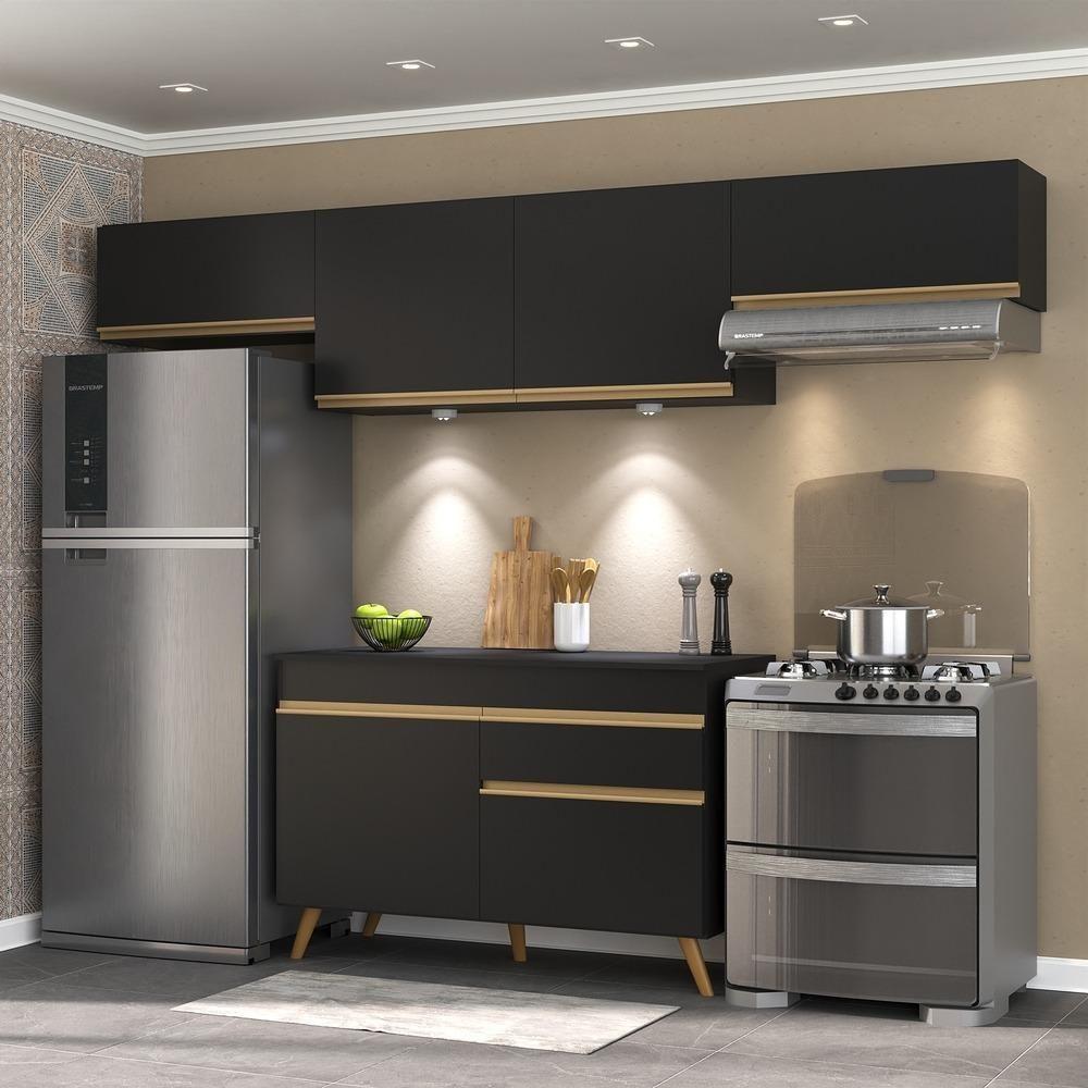 Armário De Cozinha Compacta 260cm Com Leds Veneza Up Multimóveis V2022 Preto/dourado Preto/dourado - 6