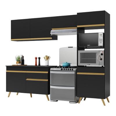 Armário de Cozinha Compacta Veneza V3693 7 Portas 1 Gaveta MDP 252cm Preto Dourado