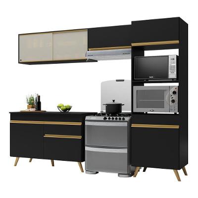 Armário de Cozinha Compacta Veneza V3692 7 Portas 1 Gaveta MDF Preto Dourado