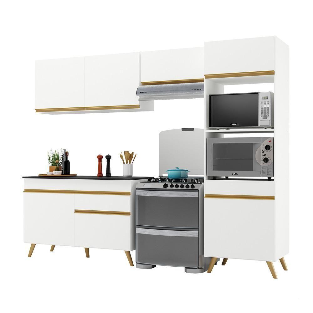 Armário De Cozinha Compacta 252cm Veneza Multimóveis V3693 Branco/dourado Branco/dourado - 1