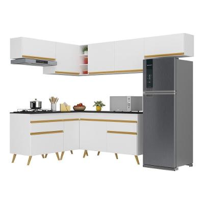 Armário de Cozinha Completa de Canto Veneza V2069 9 Portas 2 Gavetas MDF Branco-dourado