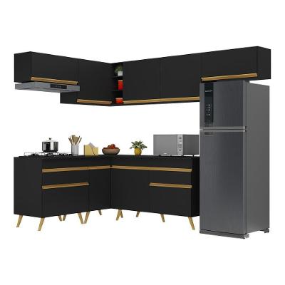 Armário de Cozinha Completa de Canto Veneza V2069 9 Portas 2 Gavetas MDF Preto-dourado