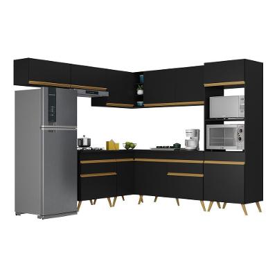 Armário de Cozinha Completa de Canto Veneza V2070 11 Portas 2 Gavetas MDF Preto