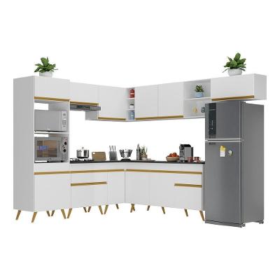 Armário de Cozinha Completa de Canto V2048 12 Portas 2 Gavetas MDF Branco-dourado