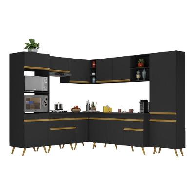 Armário de Cozinha Completa de Canto V2047 13 Portas 2 Gavetas MDF Preto