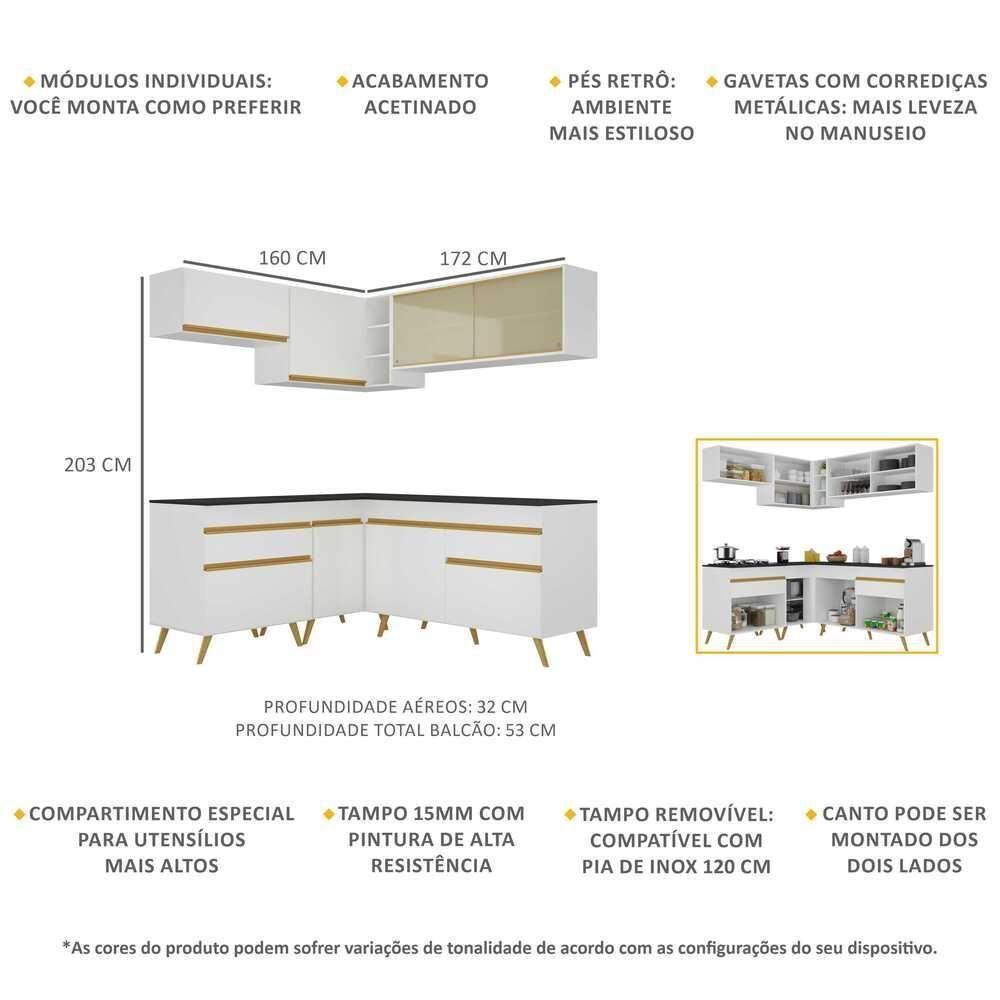 Armário De Cozinha Completa De Canto Veneza Multimóveis V2062 Branco/dourado Branco/dourado - 5