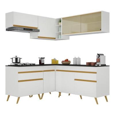 Armário de Cozinha Completa de Canto Veneza V2062 8 Portas 2 Gavetas MDF Branco-dourado