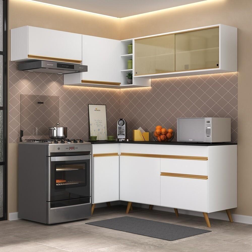 Armário De Cozinha Completa De Canto Veneza Multimóveis V2059 Branco/dourado Branco/dourado - 6