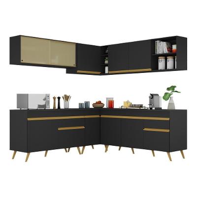 Armário de Cozinha Completa de Canto Veneza V2061 11 Portas 2 Gavetas MDF Preto