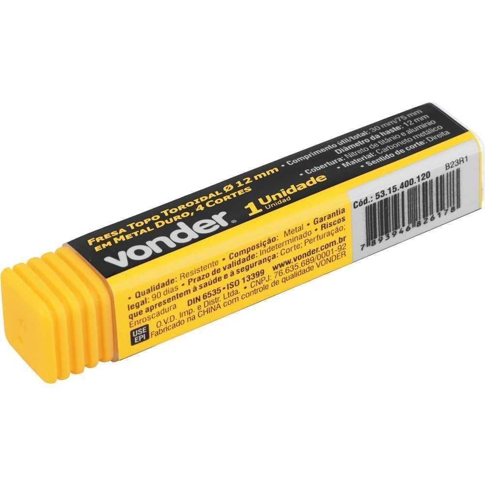 Fresa Topo Metal Duro 12,0mm 4 Cortes Toroidal Vonder - 3