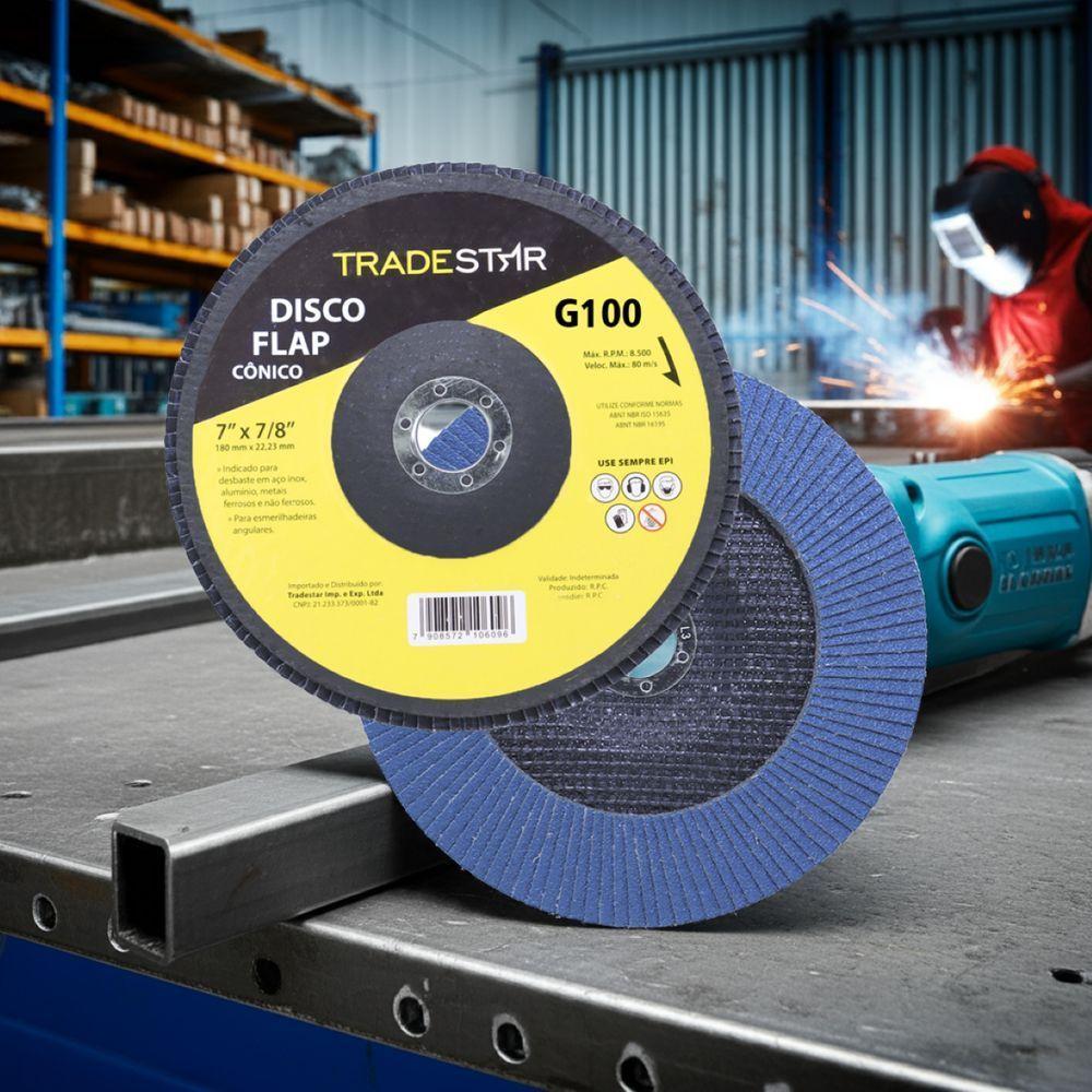 Disco Flap 180 Mm G100 Fibra Cônico Azul Aço E Inox Tradestar - 4