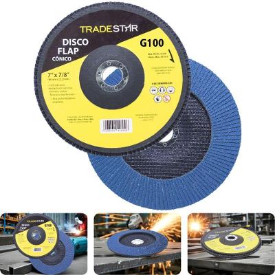 Disco Flap 180 Mm G100 Fibra Cônico Azul Aço E Inox Tradestar